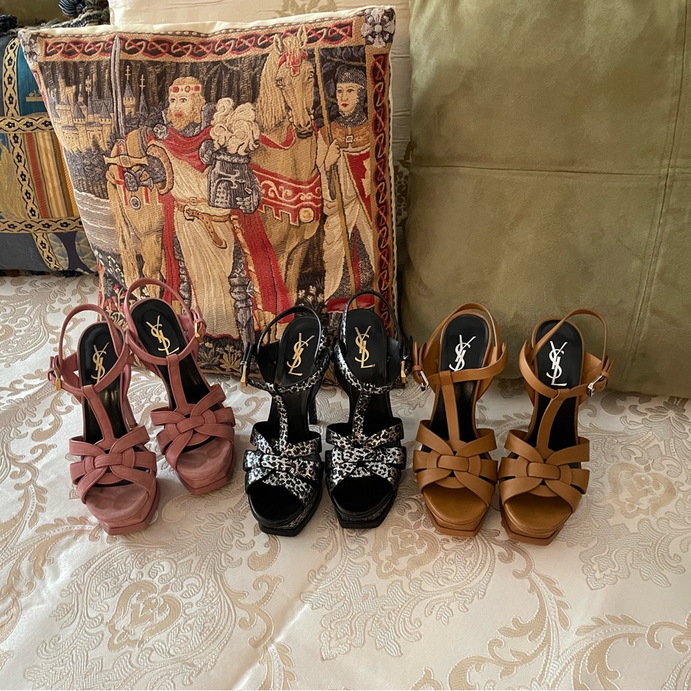 YSL  Tribute Pink suede , Black/ Silver , Tan leather , individual pair $800